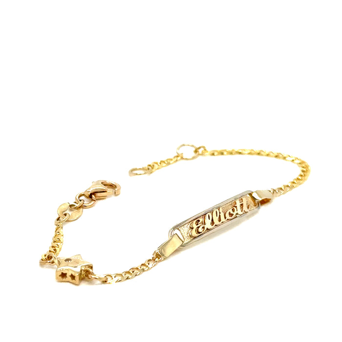 Gold Baby ID Bracelet 14k – Custom Name Plate - Raised Lettering - Solid Cuban Link Chain with Gemstone Star