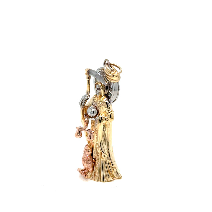 14k Gold Santa Muerte Necklace - 3D Full Body Gemstone Halo Santa Muerte Gold Pendant - Solid Chain - LE3010