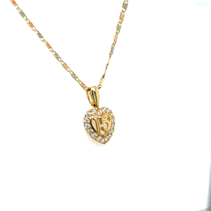 14k Quince Gold Necklace - Gemstone Heart 15 Gold Pendant - Solid Chain - LE0366