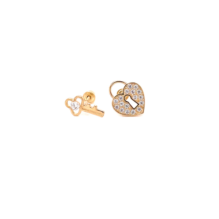 14k Key and Heart Lock Stud Earrings - MyAZGold