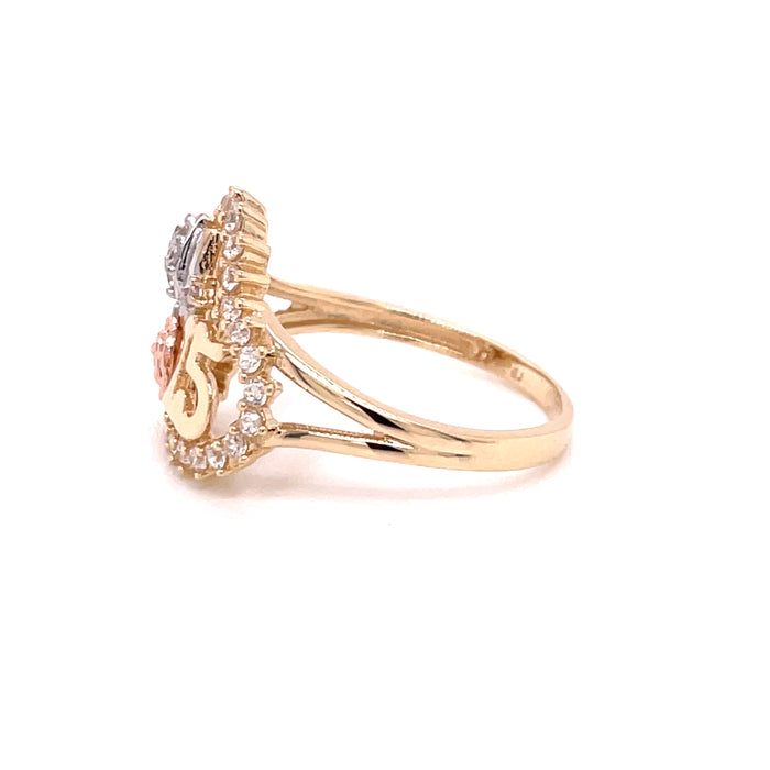 14k Gold 15 Ring with Flower and Dove