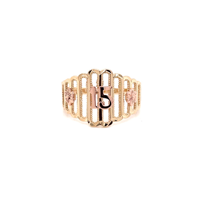 14k Gold 15 Grid Ring with Side Flowers - MyAZGold