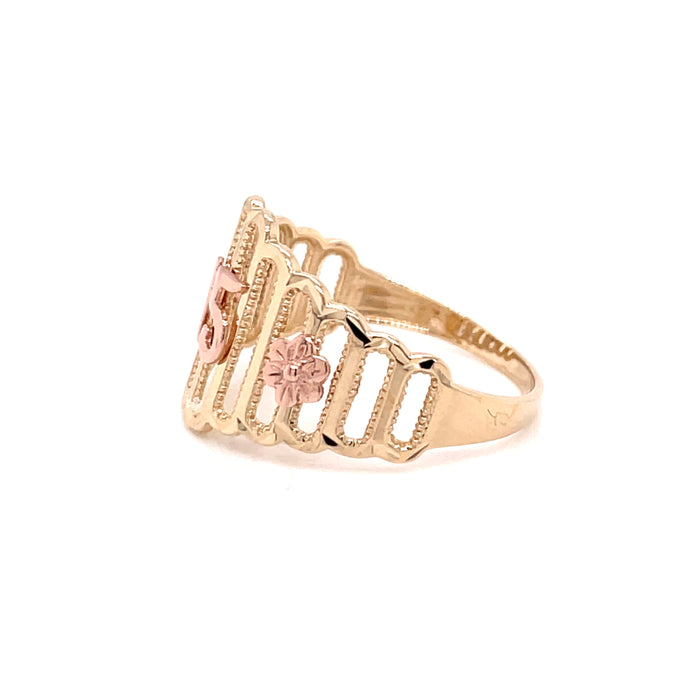14k Gold 15 Grid Ring with Side Flowers - MyAZGold