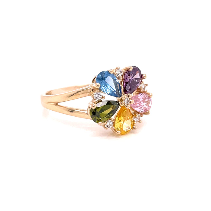 14k Colored Gemstone Pedal Flower Ring