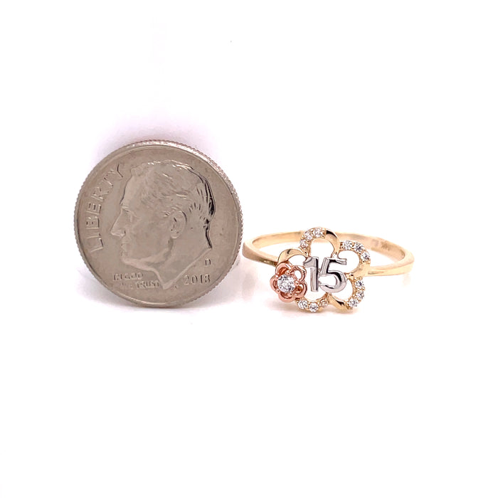14k Gold 15 Flower Ring with Smaller Gemstone Flower