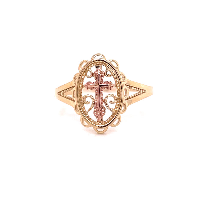 14k Gold Oval Shield with Cross Ring