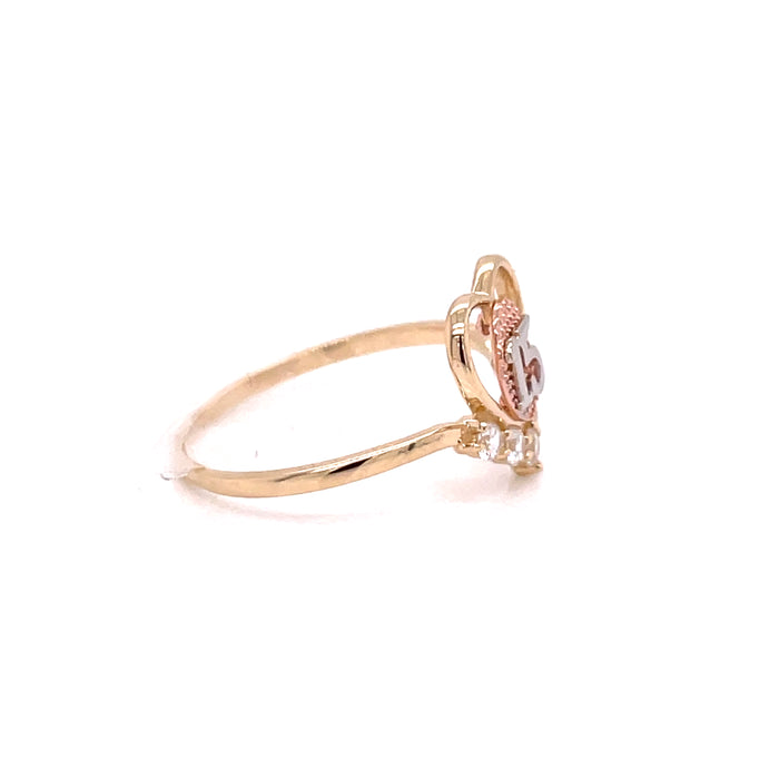 14k Gold 15 Heart Ring with "V" Gemstones