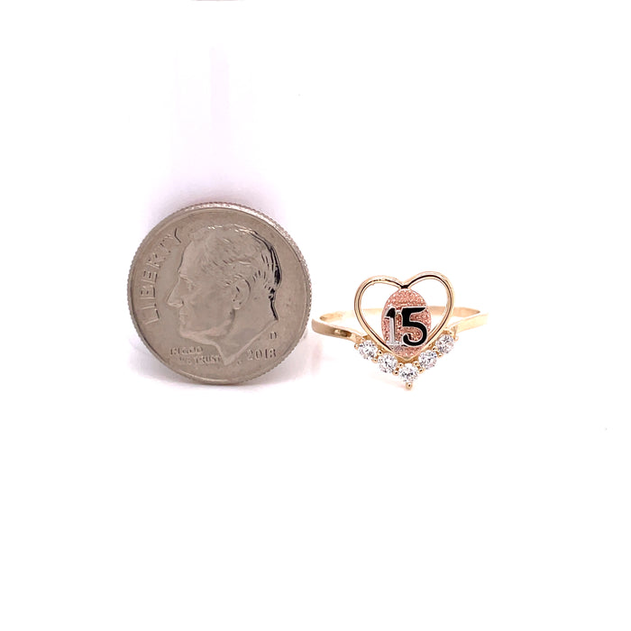 14k Gold 15 Heart Ring with "V" Gemstones