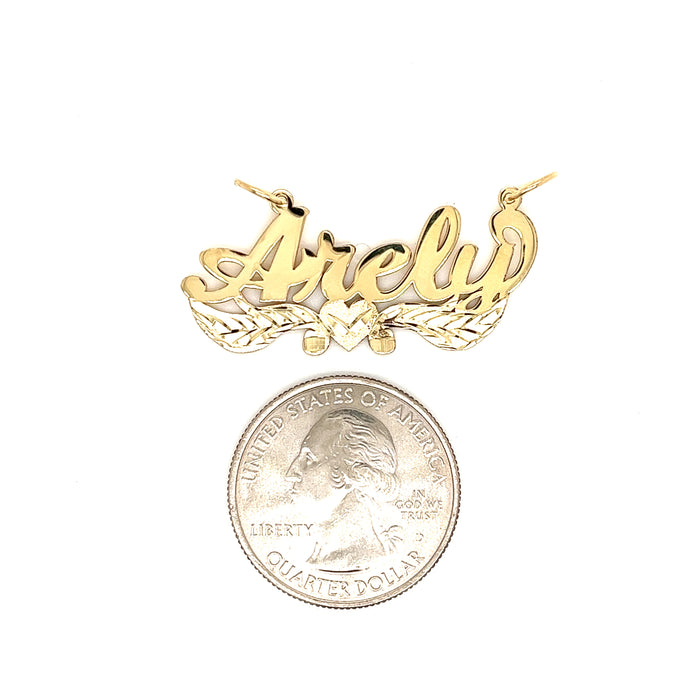 14k Gold Name with Heart and Side Swoop Detail