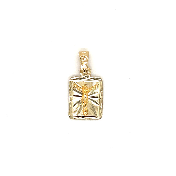 14k Rectangle Jesus Pendant with Diamond Cut background and Figaro Necklace