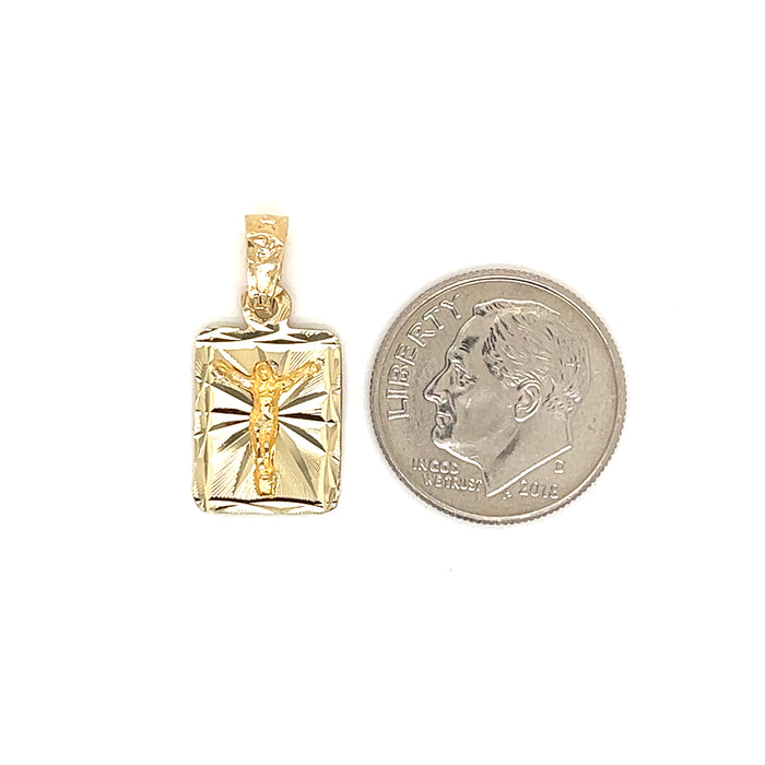 14k Rectangle Jesus Pendant with Diamond Cut background and Figaro Necklace