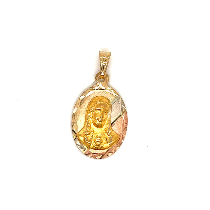 14k Oval Tri-Tone Jesus Pendant with Figaro Necklace