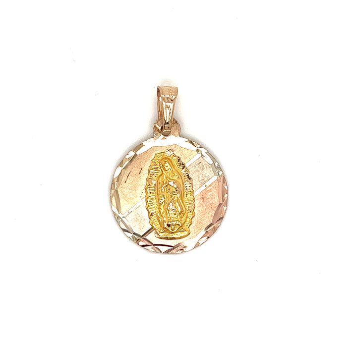 14k Tri-Tone Diamond Cut Round Virgin Mary Gold Pendant with Valentino Necklace