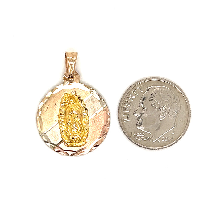 14k Tri-Tone Diamond Cut Round Virgin Mary Gold Pendant with Valentino Necklace