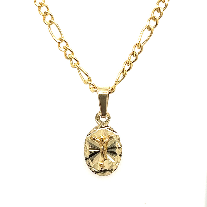 14k Oval Jesus Diamond Cut background Pendant with Figaro Necklace