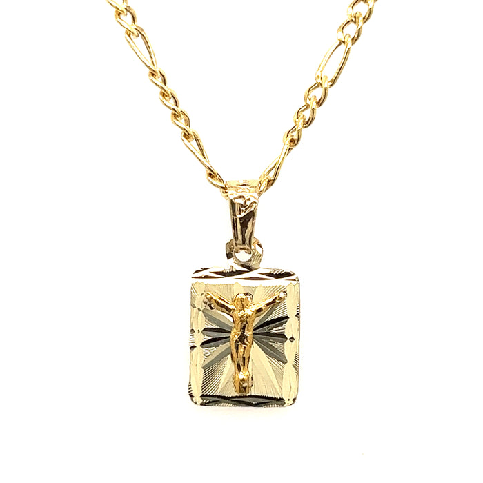 14k Rectangle Jesus Pendant with Diamond Cut background and Figaro Necklace