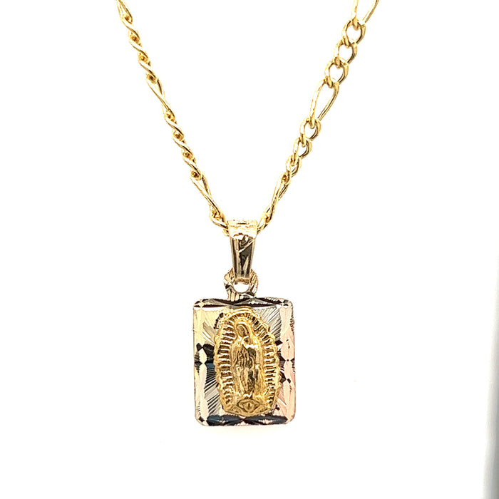 14k Virgin Mary Pendant with Diamond Cut Background and Figaro Necklace