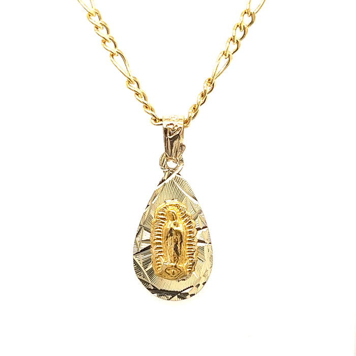 14k Teardrop Virgin Mary Gold Pendant with Figaro Necklace