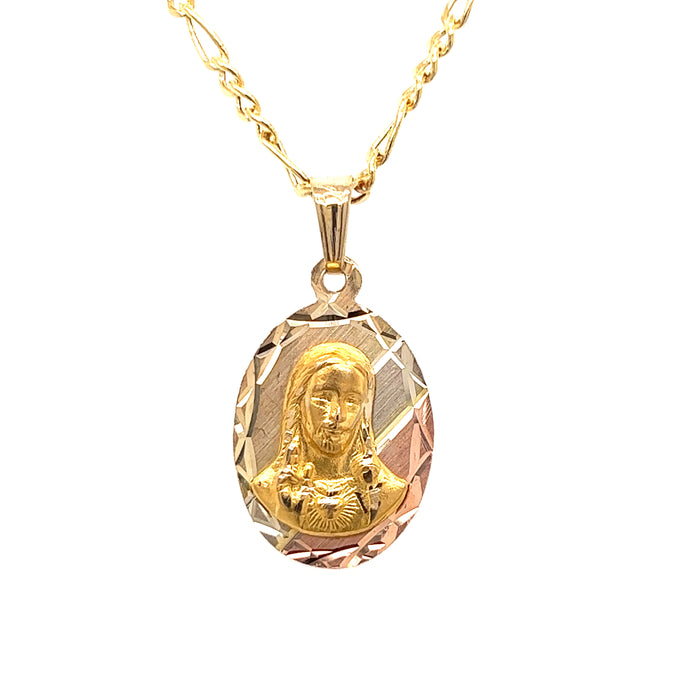 14k Oval Tri-Tone Jesus Pendant with Figaro Necklace