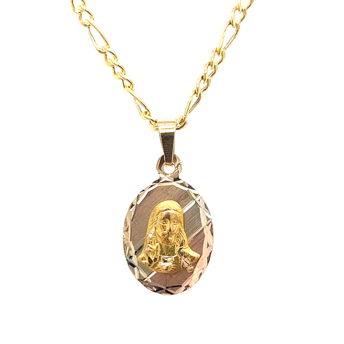 14k Oval Tri-Tone Jesus Gold Pendant with Figaro Necklace