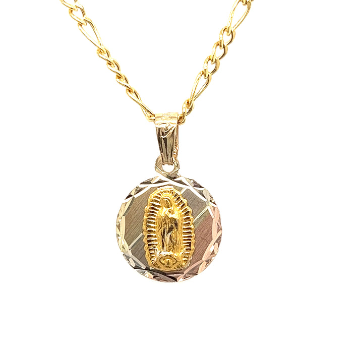 14k Tri-Tone Round Virgin Mary Gold Pendant with Figaro Necklace