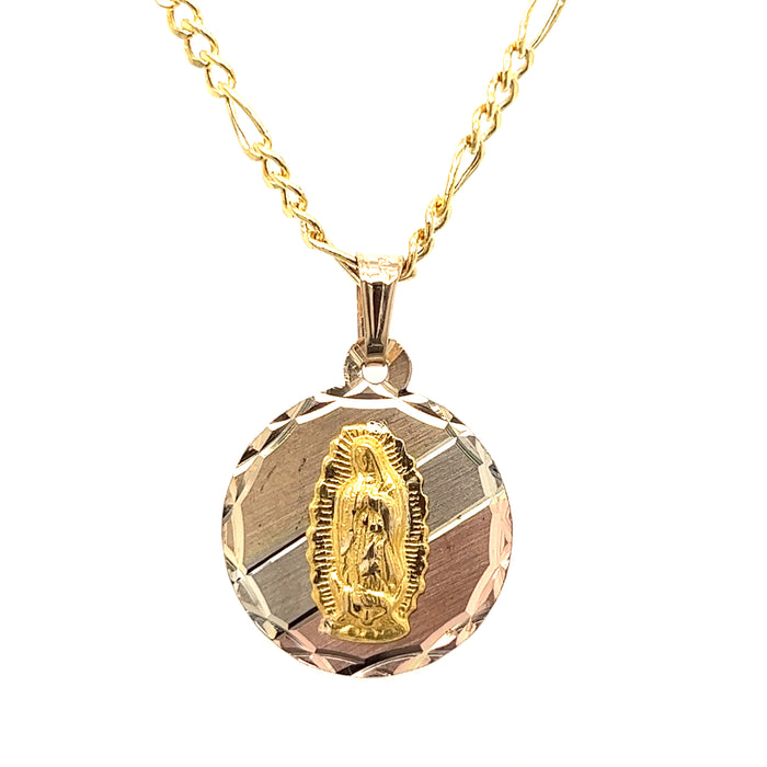14k Tri-Tone Diamond Cut Round Virgin Mary Gold Pendant with Figaro Necklace