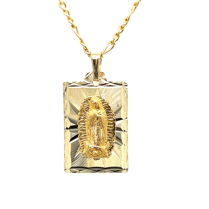 14k Diamond Cut Virgin Mary Gold Pendant with Figaro Necklace