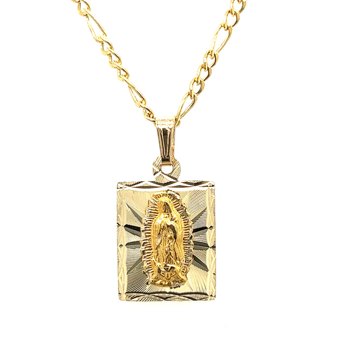 14k Virgin Mary Gold Pendant with Diamond Cut Edge and Figaro Necklace