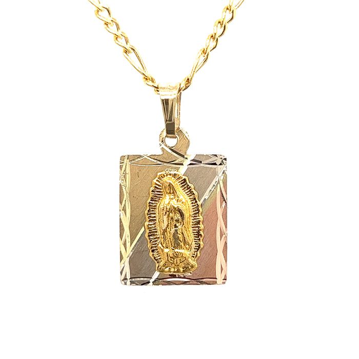 14k Gold Virgin Mary Tri-Tone Pendant with Figaro Necklace