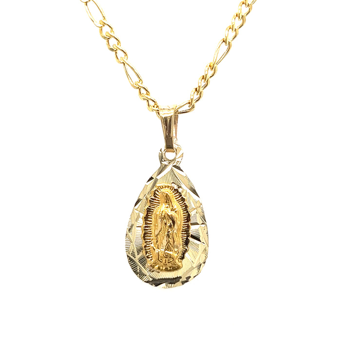 14k Gold Virgin Mary Teardrop Pendant with Figaro Necklace