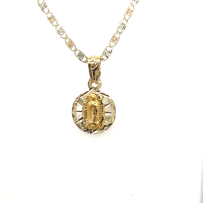 14k Virgin Mary Round Diamond Cut Pendant with Valentino Necklace