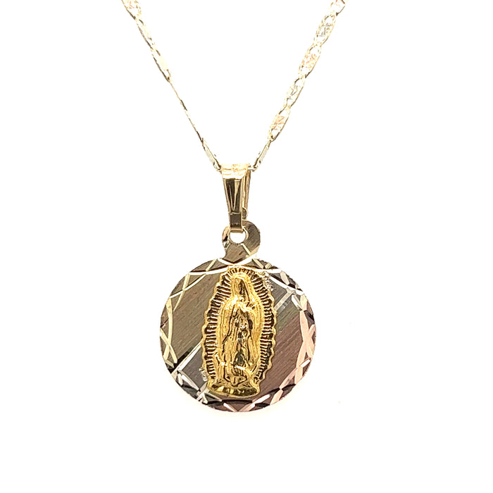 14k Tri-Tone Round Virgin Mary Gold Pendant with Valentino Necklace