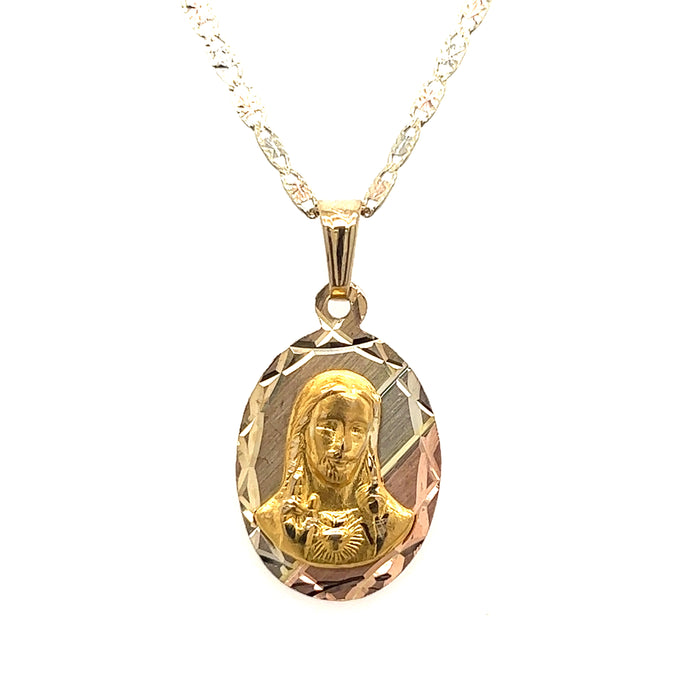 14k Oval Tri-Tone Jesus Pendant with Valentino Necklace