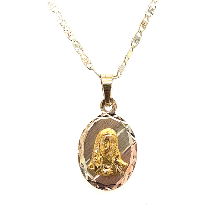 14k Oval Tri-Tone Jesus Gold Pendant with Valentino Necklace