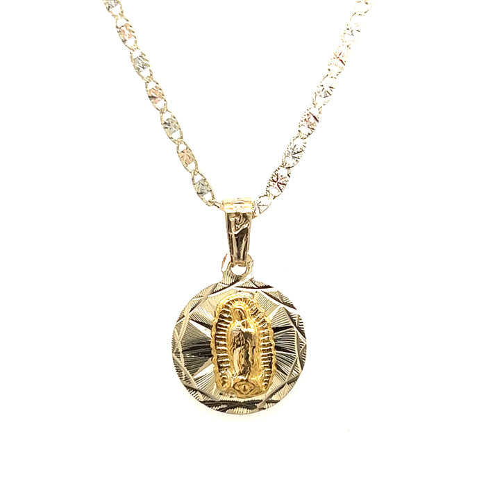 14k Round Diamond Cut Virgin Mary Gold Pendant with Valentino Necklace
