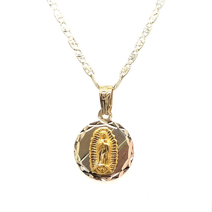 14k Tri-Tone Round Virgin Mary Gold Pendant with Valentino Necklace