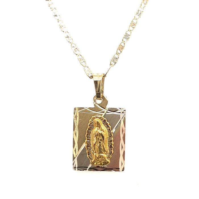 14k Gold Virgin Mary Tri-Tone Pendant with Valentino Necklace