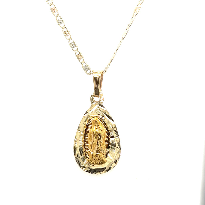 14k Gold Virgin Mary Teardrop Pendant with Valentino Necklace