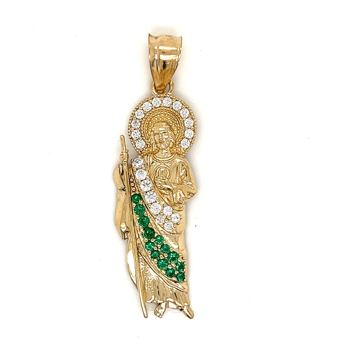 14k San Judas with White and Green Gemstones and Figaro Necklace