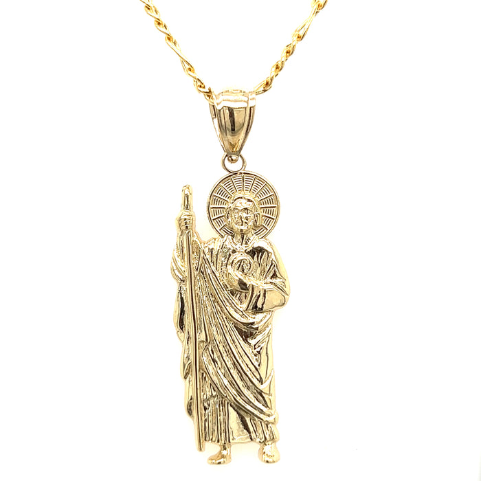 14k Yellow Gold San Judas Radiant Halo with Figaro Necklace