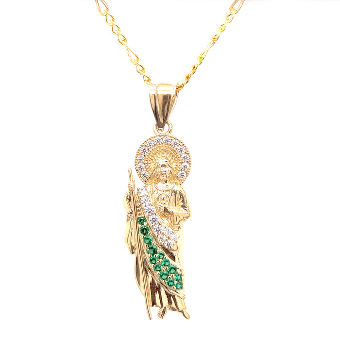 14k San Judas with White and Green Gemstones and Figaro Necklace