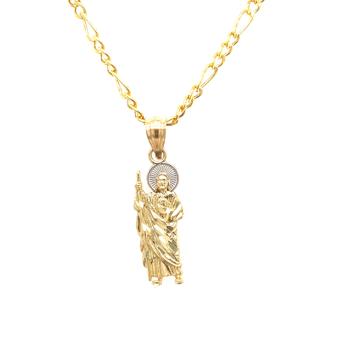 14k San Judas White Gold Halo Pendant with Figaro Necklace