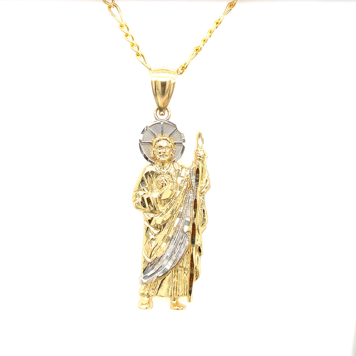 14k San Judas White Gold Tunic and Halo with Figaro Necklace