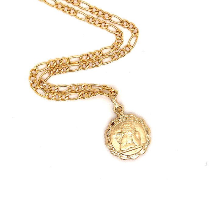 14k Cherub Angel Charm with Figaro Necklace