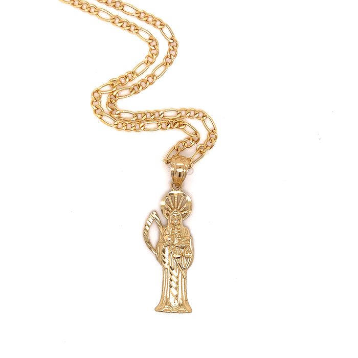14k Santa Muerte Yellow Gold Diamond Cut Pendant with Figaro Necklace