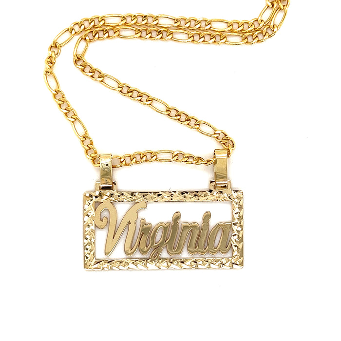 14k Gold Rectangle Cutout Cursive Nameplate with Figaro Necklace