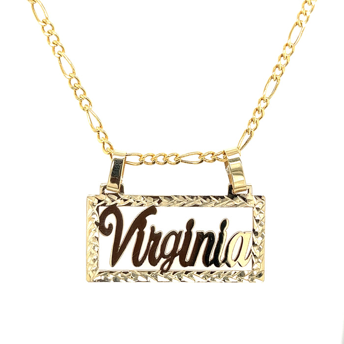 14k Gold Rectangle Cutout Cursive Nameplate with Figaro Necklace