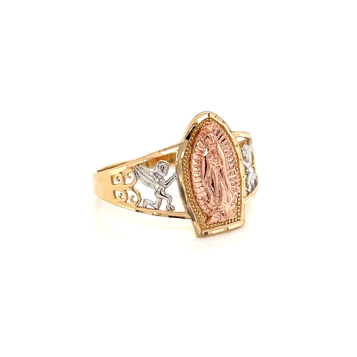 14k Virgin Mary Shield Ring with Side Cherubs in White Gold
