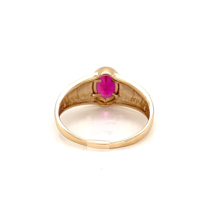 14k Ruby Red Gemstone Signet Ring with Side Crosses