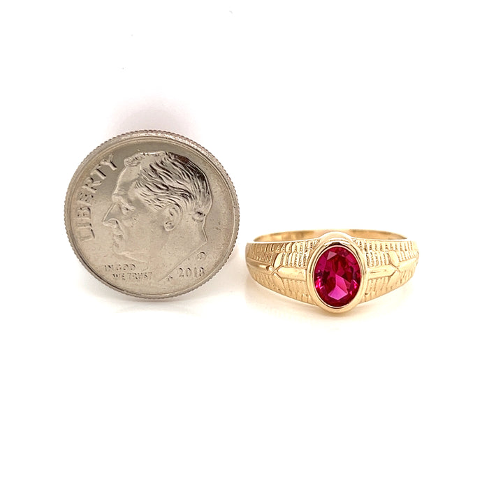 14k Ruby Red Gemstone Signet Ring with Side Crosses